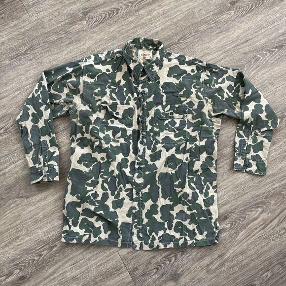 Vtg 50s Duxbak Kamp It Flannel Shirt Mens M Green Frog Skin Camo Army Hunting - Picture 1 of 8